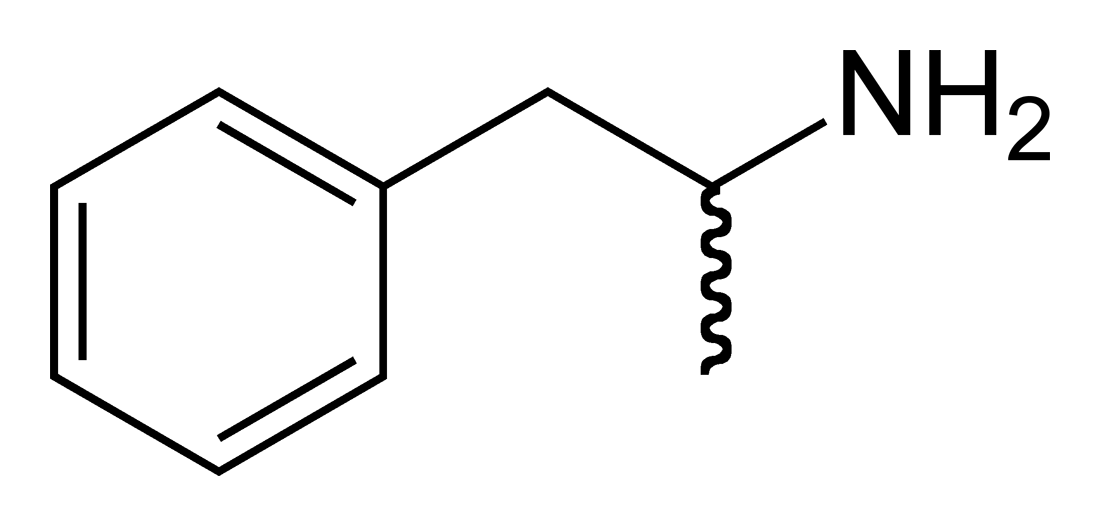 The skeletal formula of amphetamine, showing its racemic nature]]