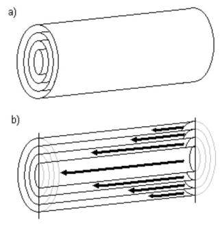 a) A tube showing the imaginary lamina. b) A cross section of the tube shows the lamina moving at different speeds. Those closest to the edge of the tube are moving slowly while those near the center are moving quickly.