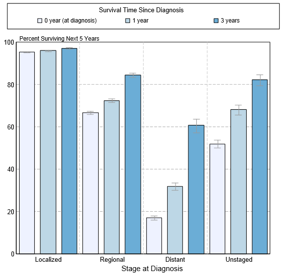 5-year conditional relative survival (probability of surviving in the next 5-years given the cohort has already survived 0, 1, 3 years) between 1998 and 2010 of uterine cancer by stage at diagnosis according to SEER