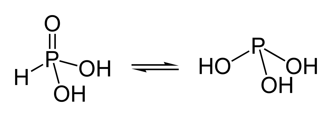 Tautomers of H3PO3: phosphonic acid (left) phosphorous acid (right)