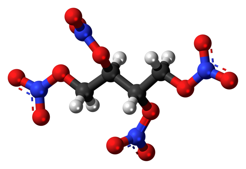 Ball-and-stick model of the erythritol tetranitrate molecule