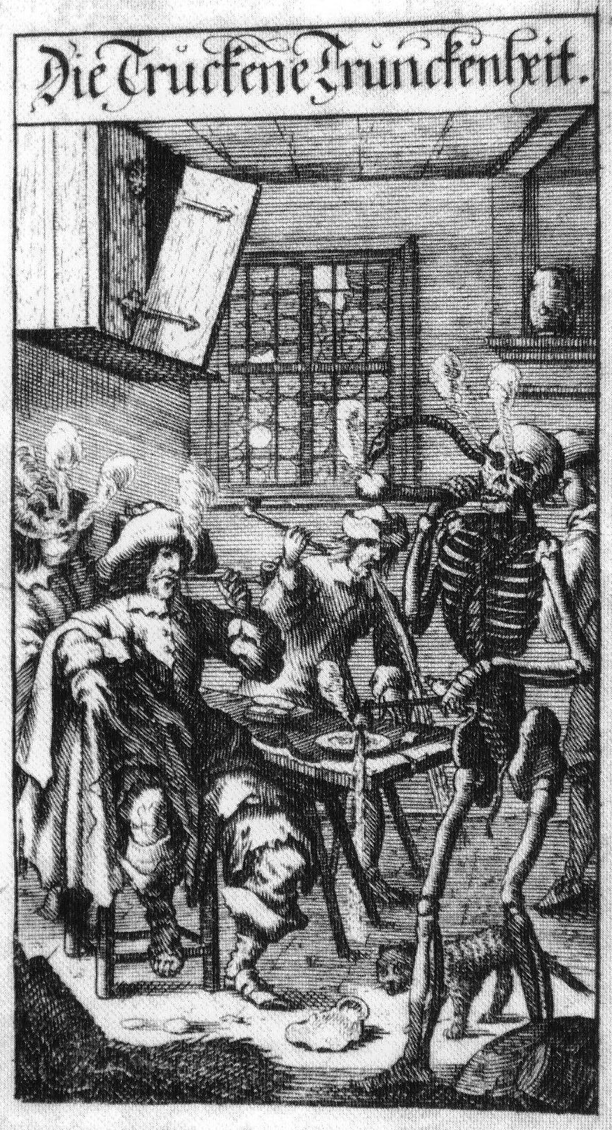 An engraving from Jakob Balde's Die truckene Trunkenheit ("The Dry Drunkenness") from 1658.