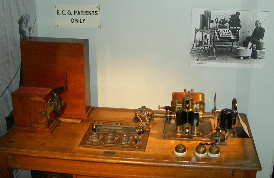 Einthoven's string-galvanometer, now in the Science Museum in London. The patient had to put his hands in salt baths to which the electrodes were connected. Image from the IEEE history society.