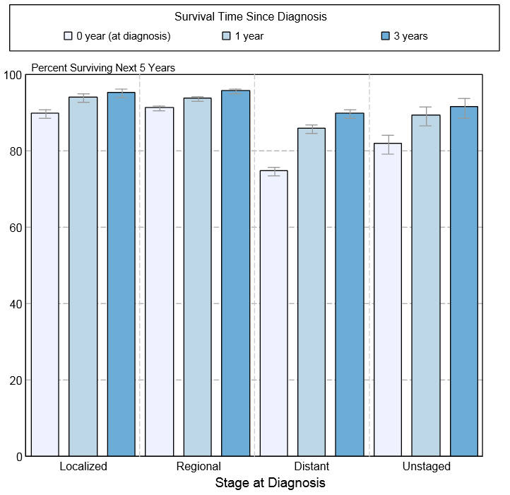5-year conditional relative survival (probability of surviving in the next 5-years given the cohort has already survived 0, 1, 3 years) of Hodgkin's lymphoma by stage at diagnosis according to SEER.
