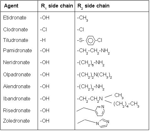 side chains of bisphosphonate molecules