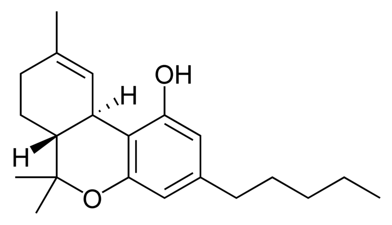 Chemical structure of delta-9-tetrahydrocannabinol.