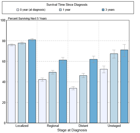 5-year conditional relative survival (probability of surviving in the next 5-years given the cohort has already survived 0, 1, 3 years) between 1998 and 2010 of laryngeal cancer by stage at diagnosis according to SEER