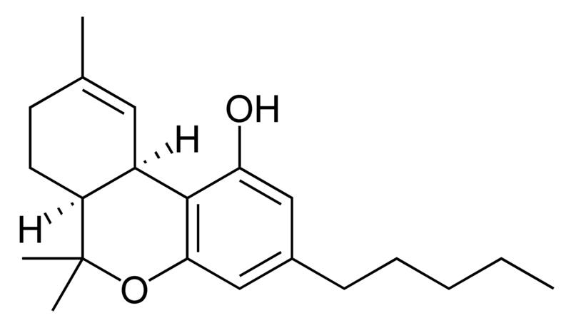 Chemical structure of cis-delta-9-tetrahydrocannabinol.