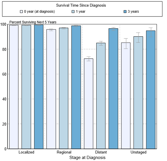 5-year conditional relative survival (probability of surviving in the next 5-years given the cohort has already survived 0, 1, 3 years) between 1998 and 2010 of testicular cancer by stage at diagnosis according to SEER.